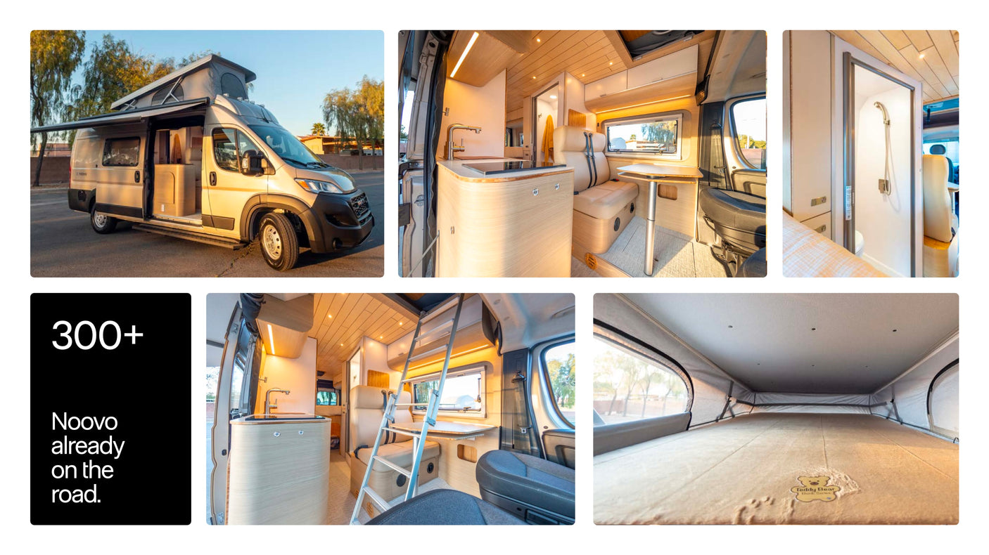 Discover the Noovo rv rental: a modern camper van with pop-top bed, kitchen, dining area, and shower. Over 300 already on the road.