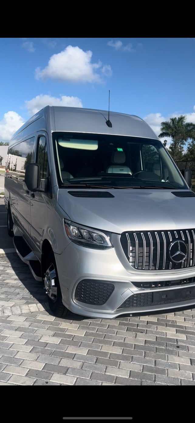 Experience travel in style: a silver Mercedes-Benz Sprinter van with custom grill
