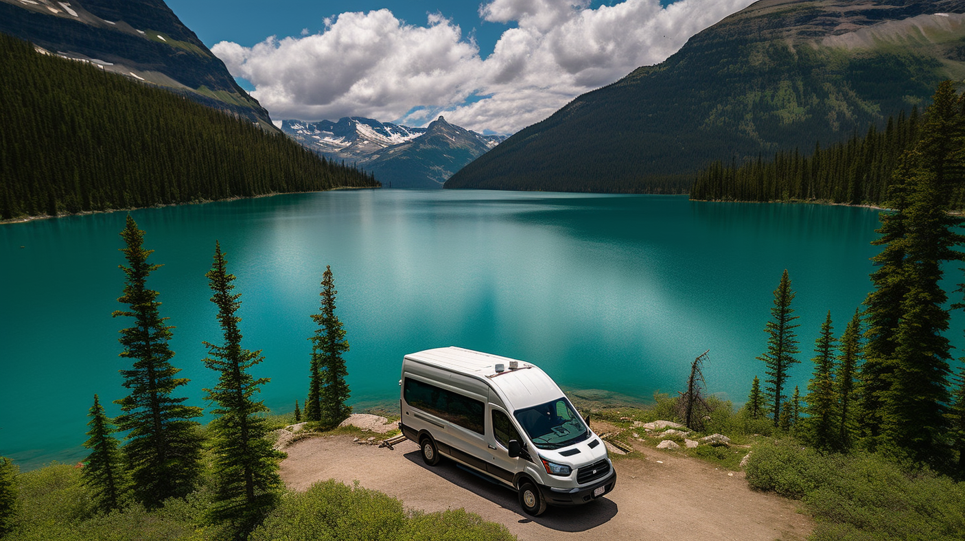 An RV rental overlooks a vibrant turquoise lake, nestled among dense evergreen forests and majestic snow-capped mountains under a cloudy sky.