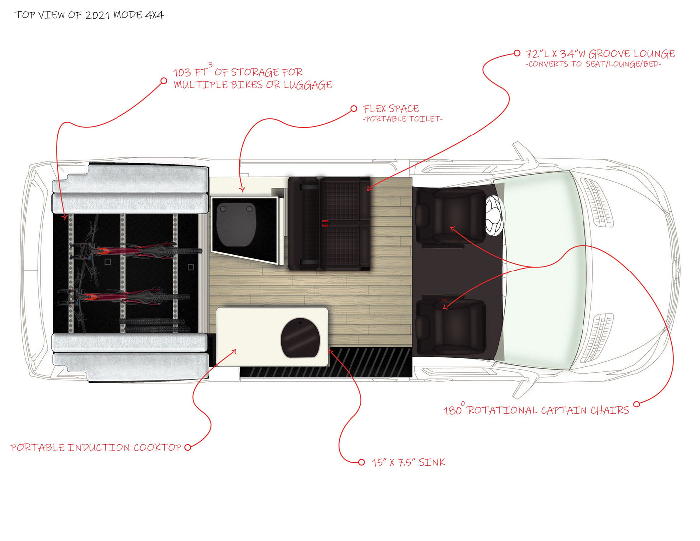 Top-down 2021 Mode 4x4 rv rental camper van floor plan, featuring versatile lounge, kitchen, and bike storage.