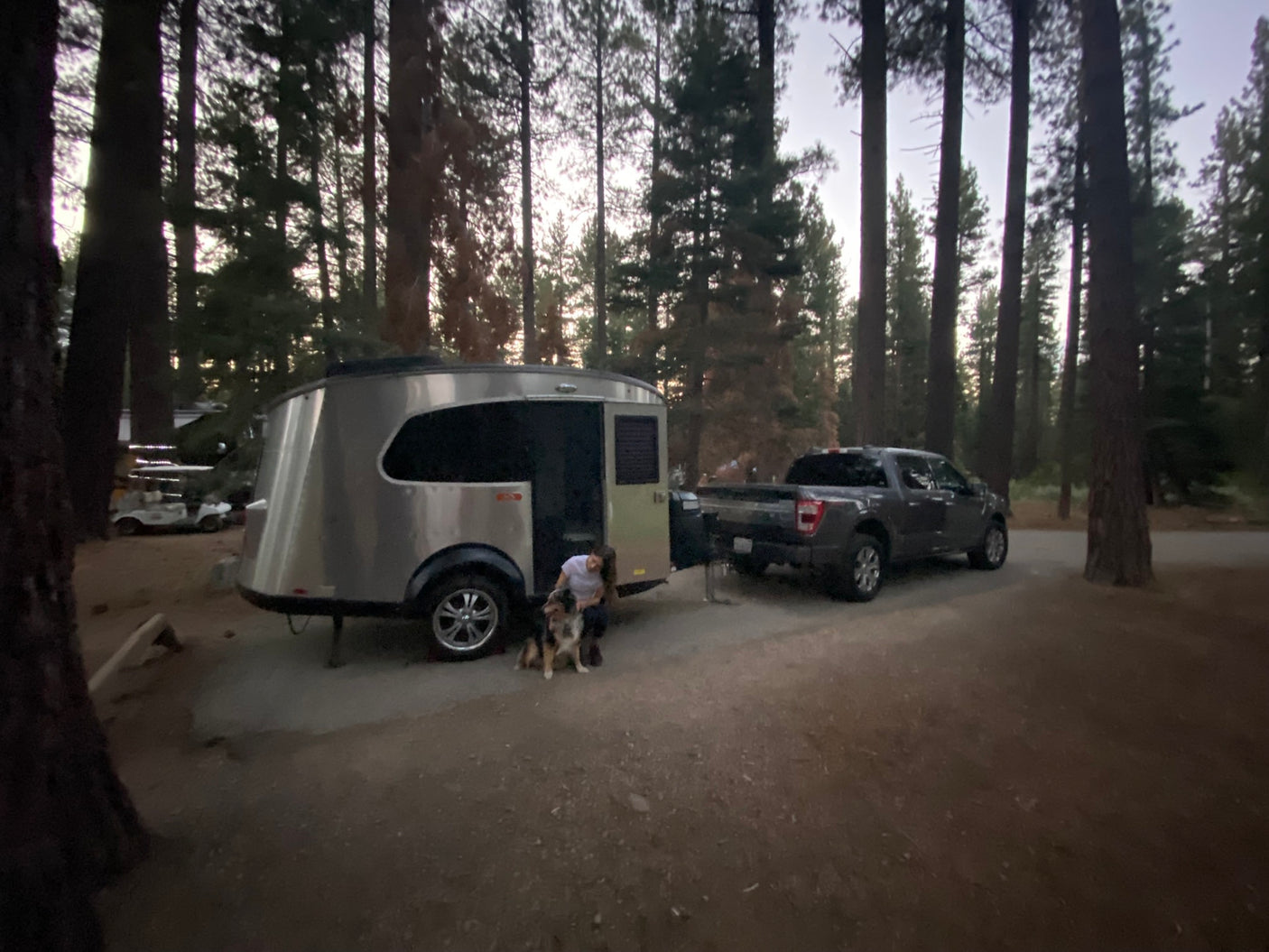 Campsite life: a person and dog by a silver travel trailer (RV rental) and pickup truck in the forest.