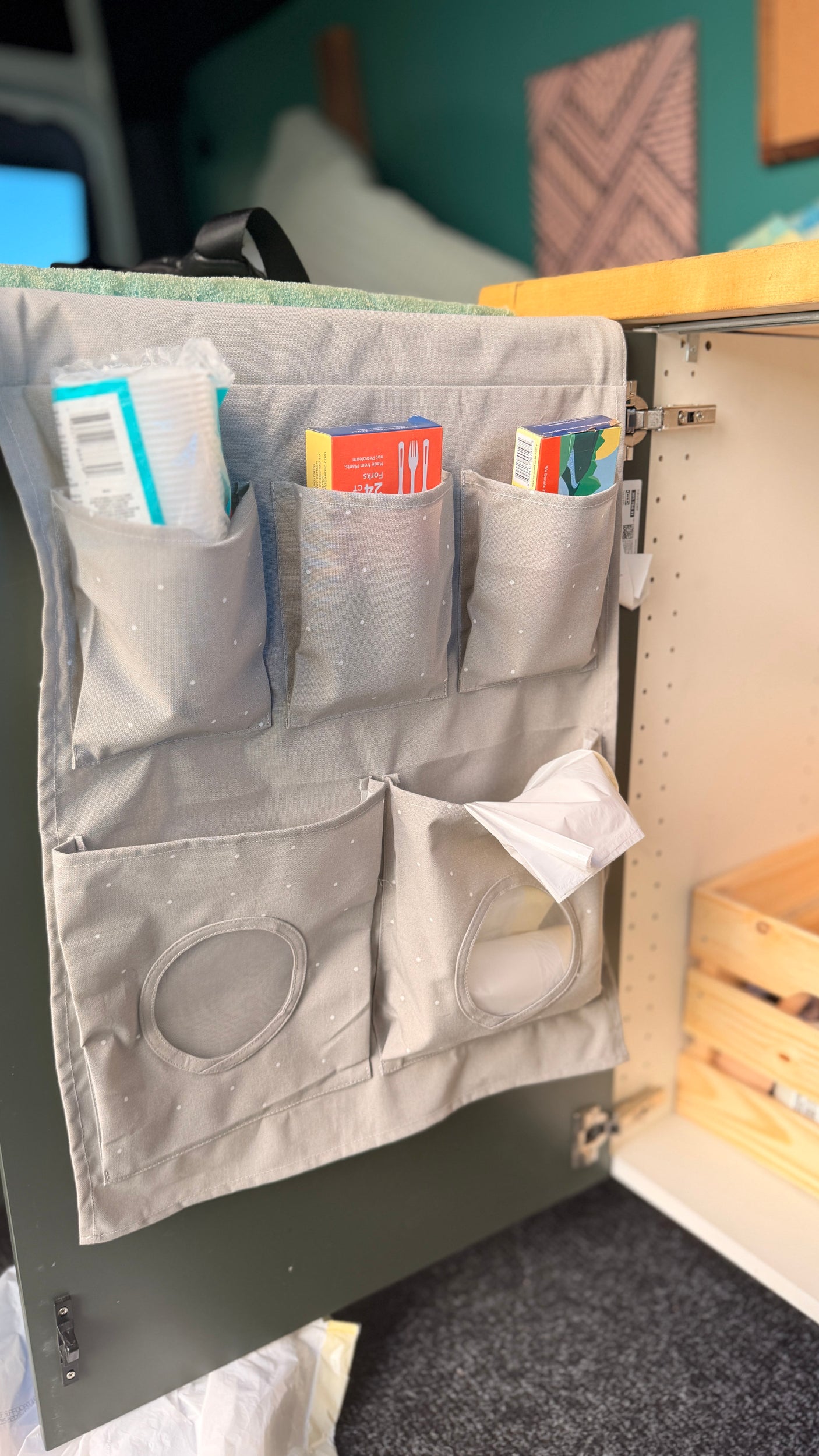 RV rental storage solution: A gray fabric organizer hanging on a cabinet, holding disposable cups, forks, and trash bags.