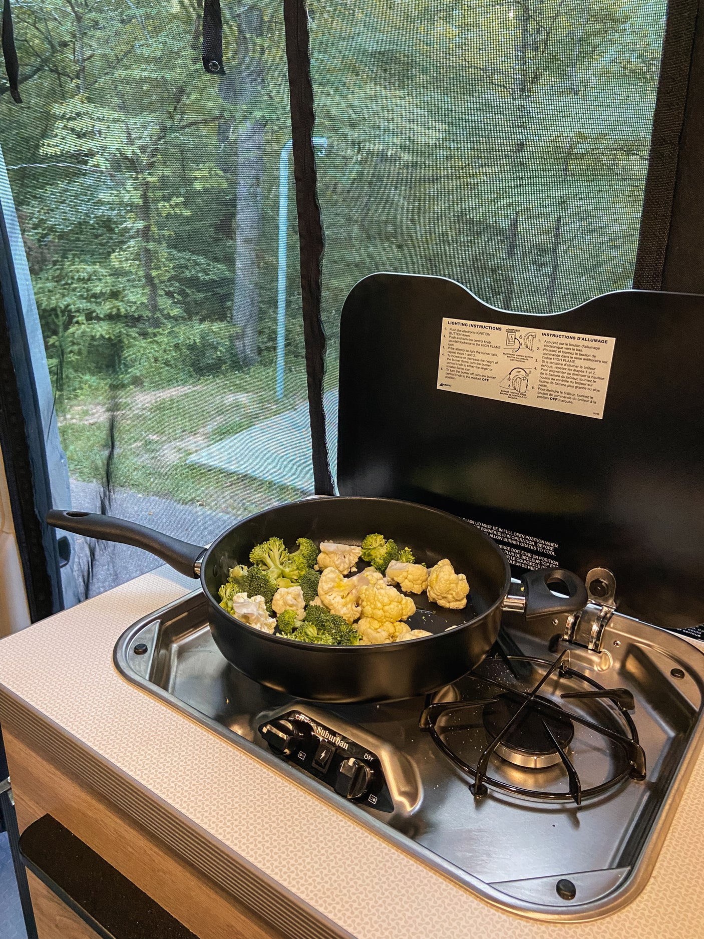 Cooking broccoli and cauliflower on a two-burner stove inside an RV rental, with a view of trees through a screen.