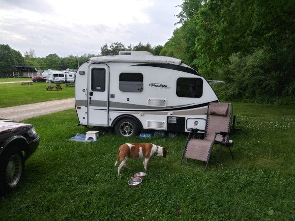 This small ProLite Evasion rv rental is set up on grass with a dog and a reclining chair at a campground.|This RV rental offers a compact