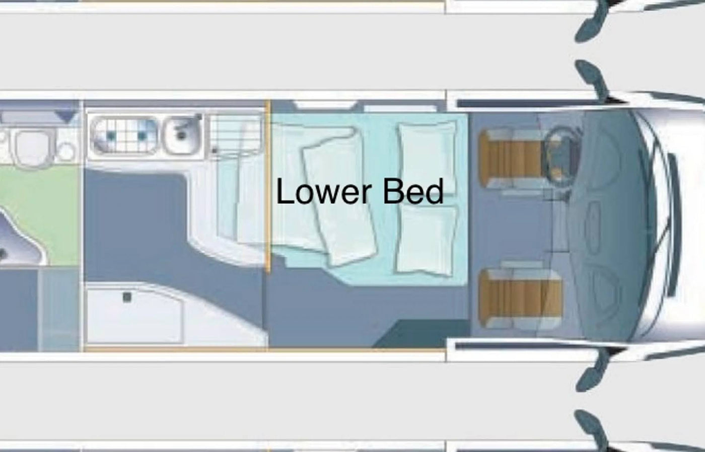 This RV rental floor plan displays a camper van's interior, featuring a lower bed, kitchen, and front cab layout. — photo 19