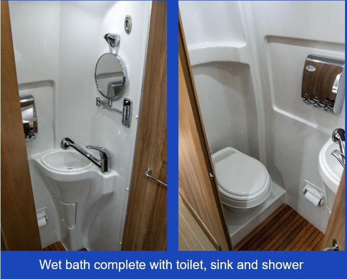 showing the sink/shower faucet
