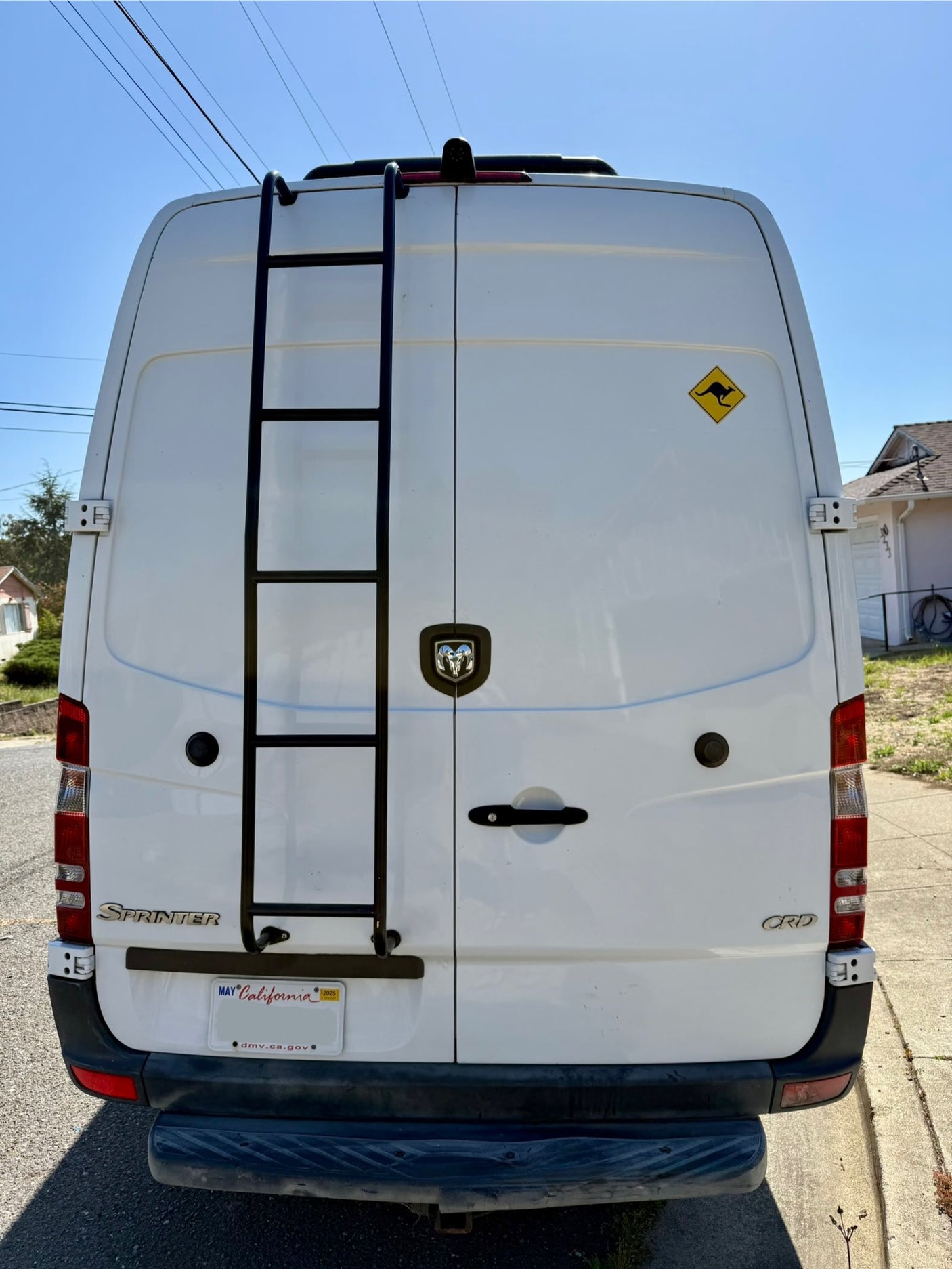 Rear view of a white Sprinter camper van, likely an RV rental, featuring a ladder, California plate & kangaroo sticker.