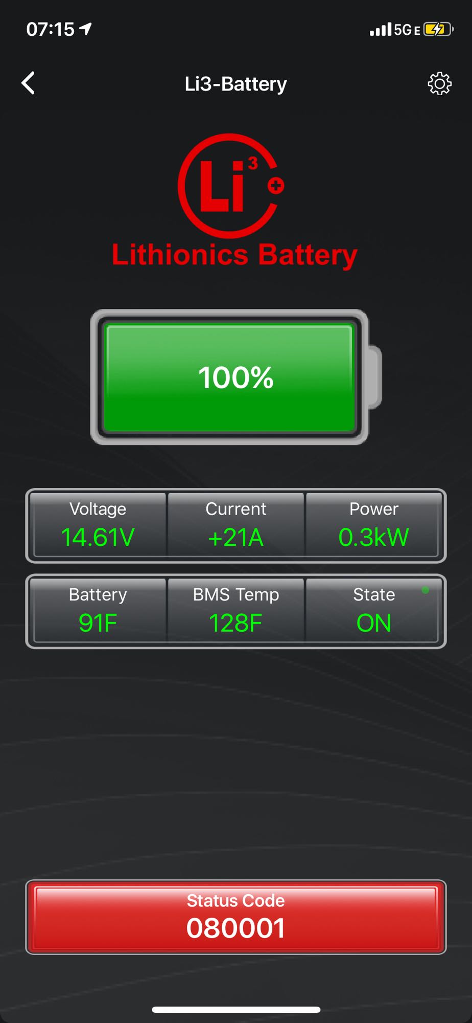 RV rental: Lithionics Battery monitor app displays 100% charge, 14.61V, +21A, 0.3kW, and 128F BMS temp.