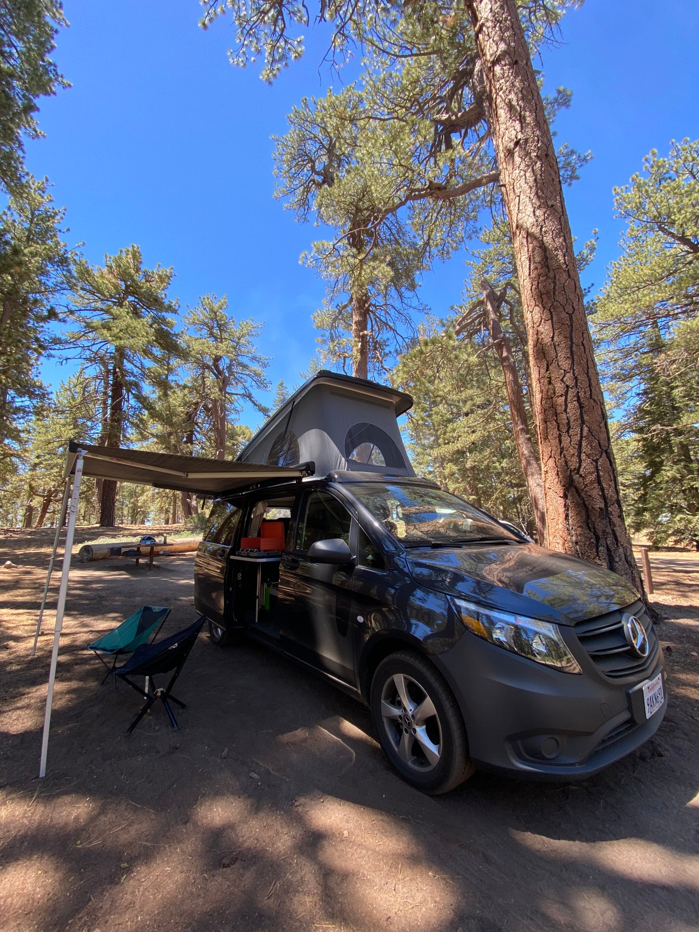 This RV rental pop-top camper van is perfectly set up under tall pines, with an awning & chairs for a sunny day in the forest.