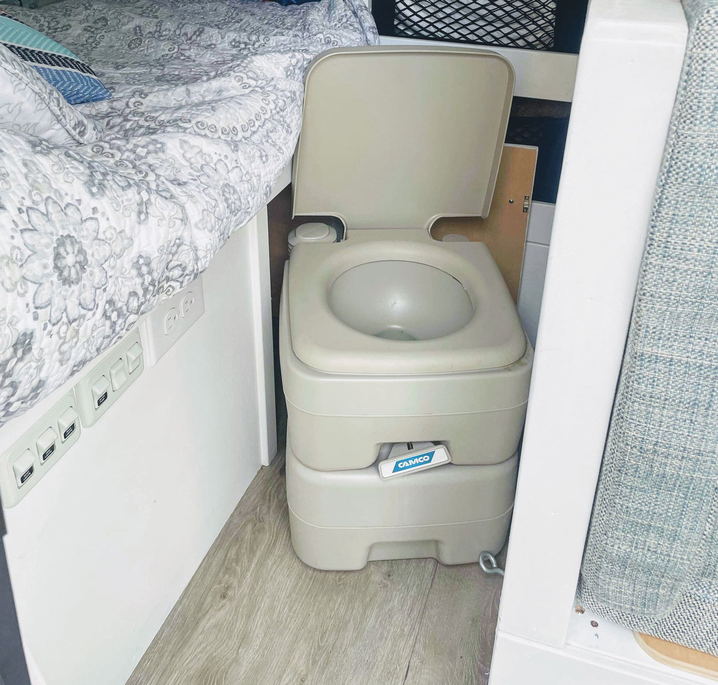and a roof awning.|Explore! This white Ford Transit rv rental