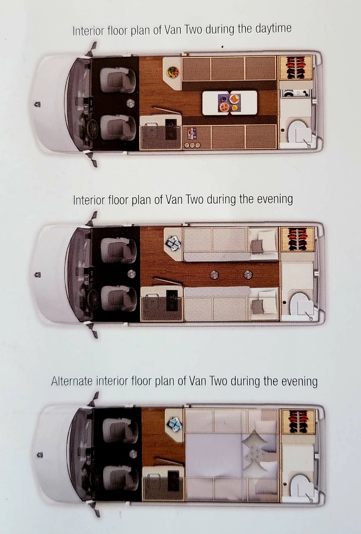 Discover this RV rental van's versatile interior floor plans: daytime seating, evening twin beds, or a large double bed layout. — photo 17