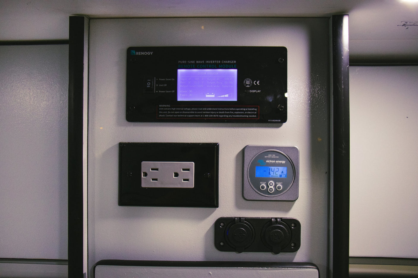 RV rental power management system: Renogy inverter module, Victron battery monitor, AC outlet, and 12V/USB ports, central to off-grid setup.