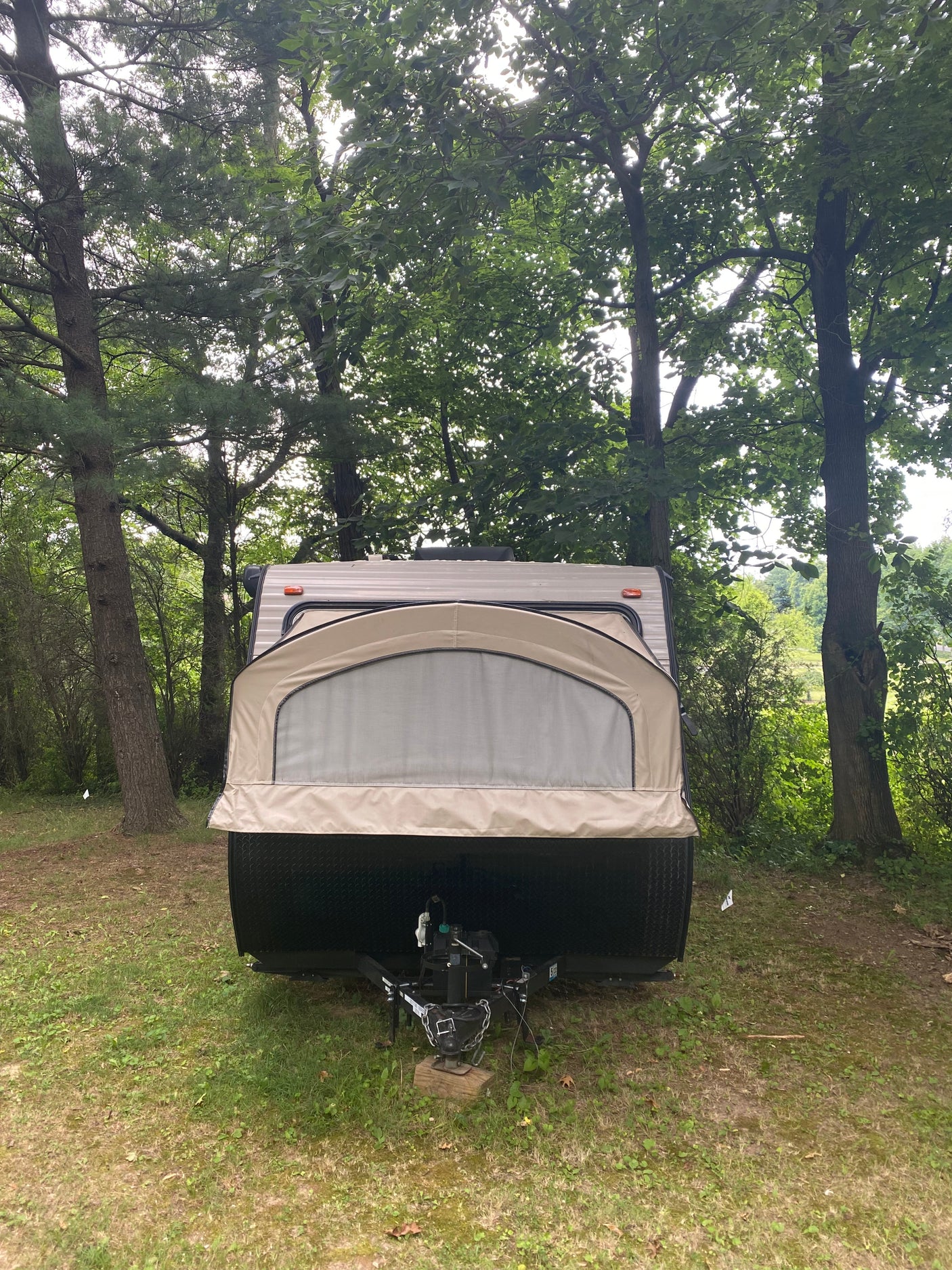 Front view of an RV rental: a beige pop-up camper parked on grass surrounded by lush green trees at a campsite.