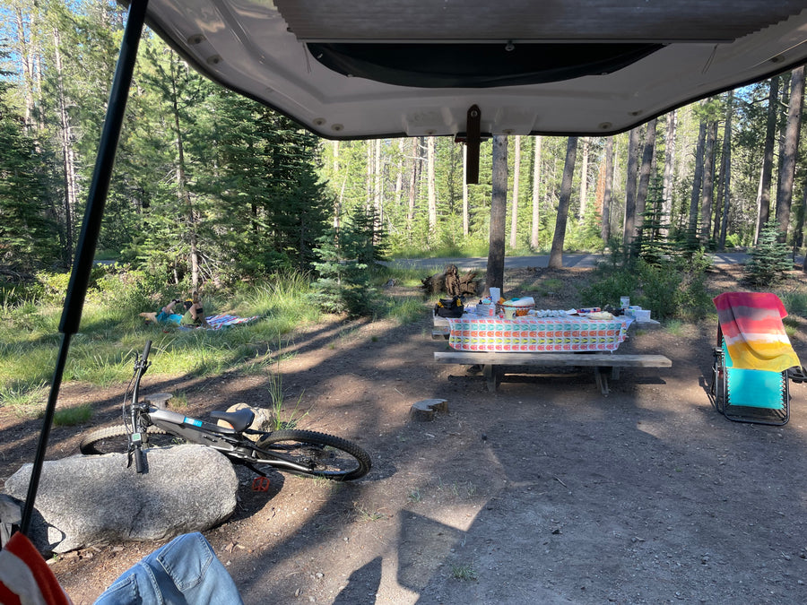 RV rental view: A serene forest campsite with picnic table, bike, and person relaxing on a blanket.
