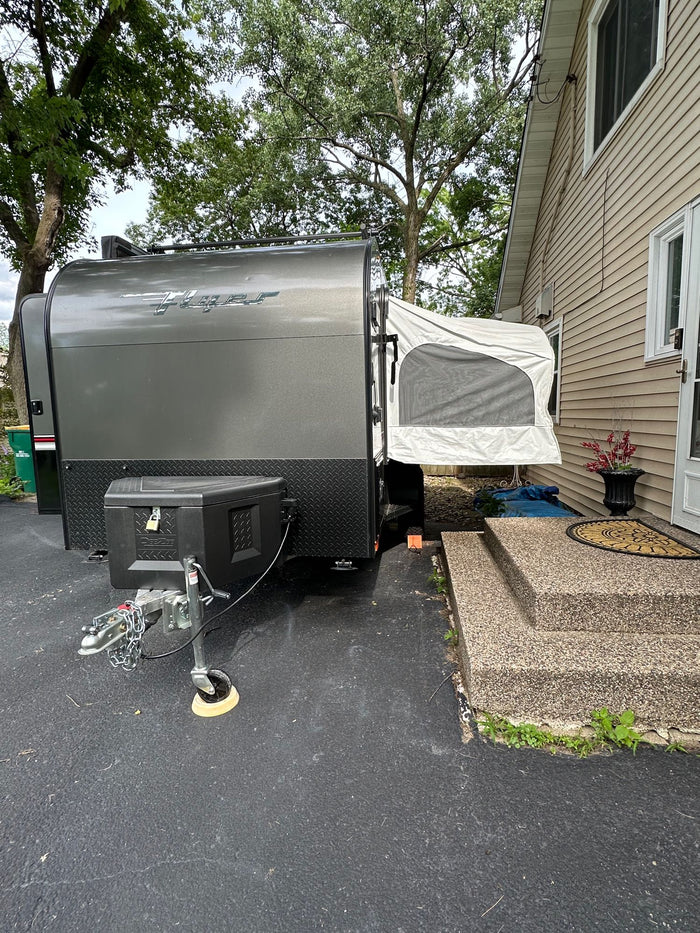 and a spare. Ready for adventure.|Compact off-road travel trailer