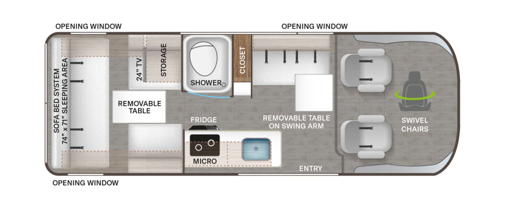RV rental floor plan: sofa bed, kitchen, shower, removable tables, and front swivel chairs.