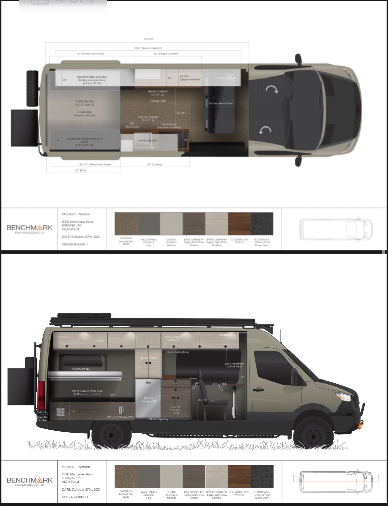Detailed blueprint of a Mercedes Sprinter van conversion for RV rental, showcasing interior layout, platform bed, and custom features.