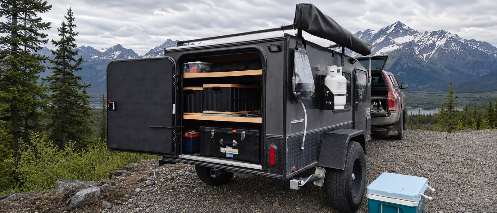 parked by a lake amidst lush mountains.|This RV rental