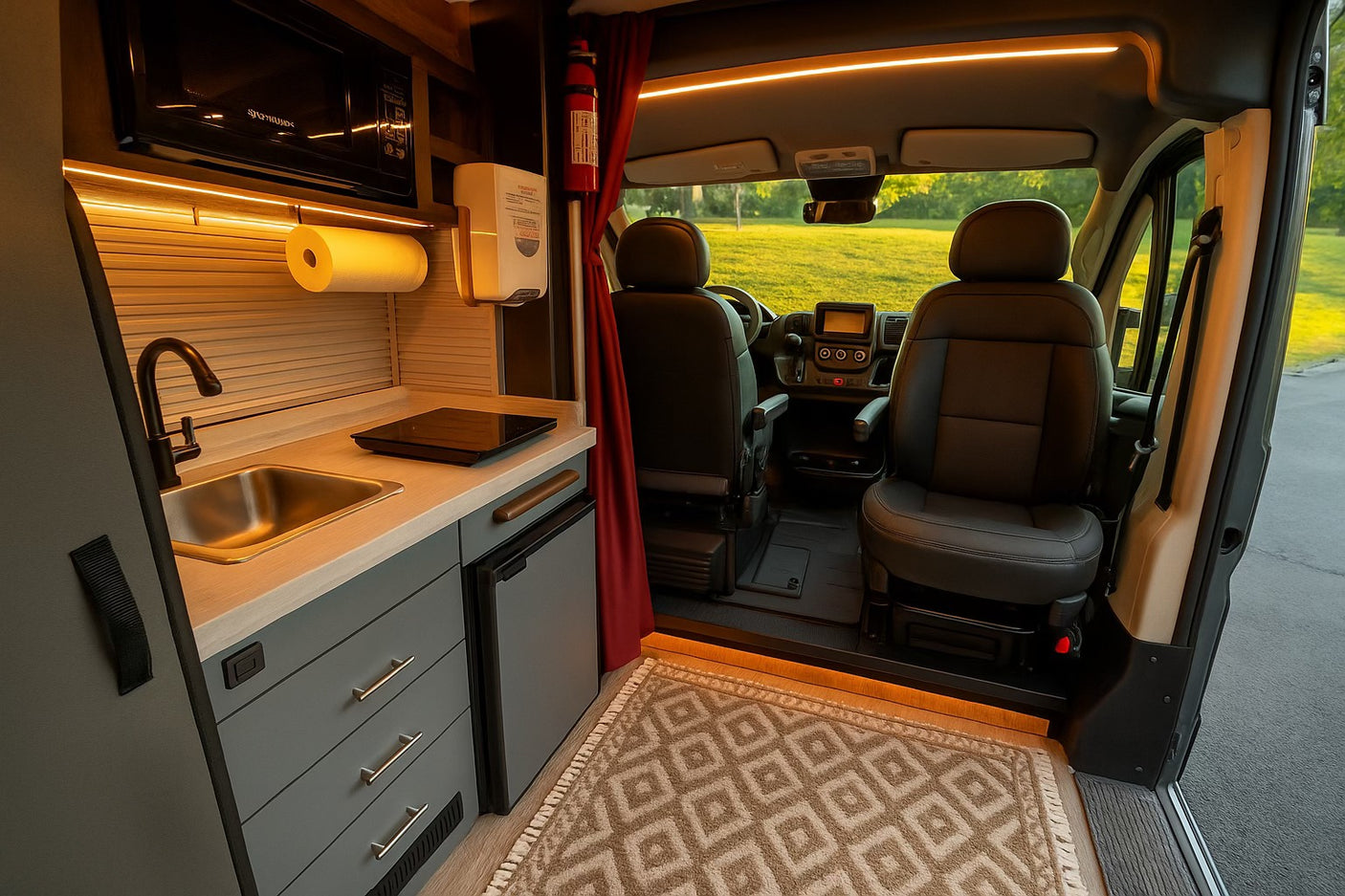 Step into this modern RV rental: a well-equipped kitchen with sink & stovetop, comfy front seats, and inviting interior.