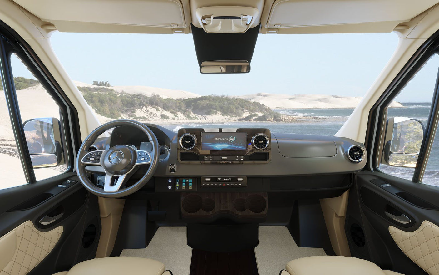 and TV screen.|Inside a luxurious **RV rental** featuring cream quilted leather seating