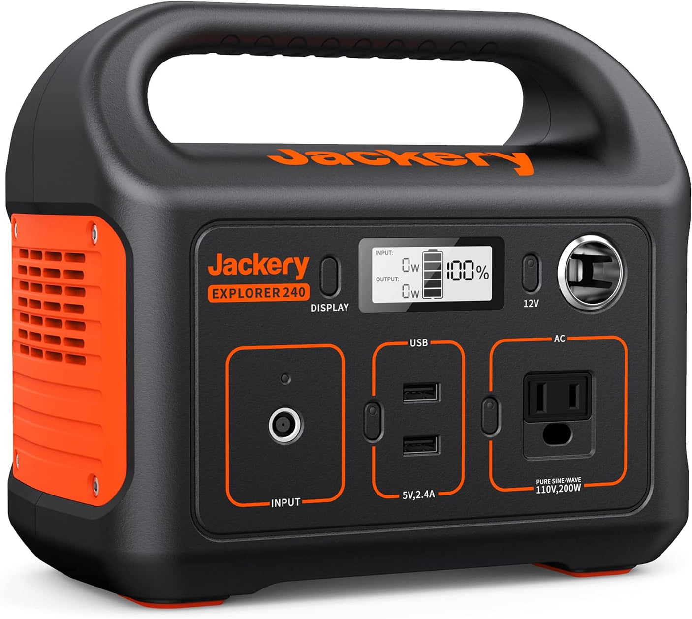 A black and orange Jackery Explorer 240 portable power station, ideal for rv rental adventures and off-grid power. Features USB, AC, 12V ports and display.