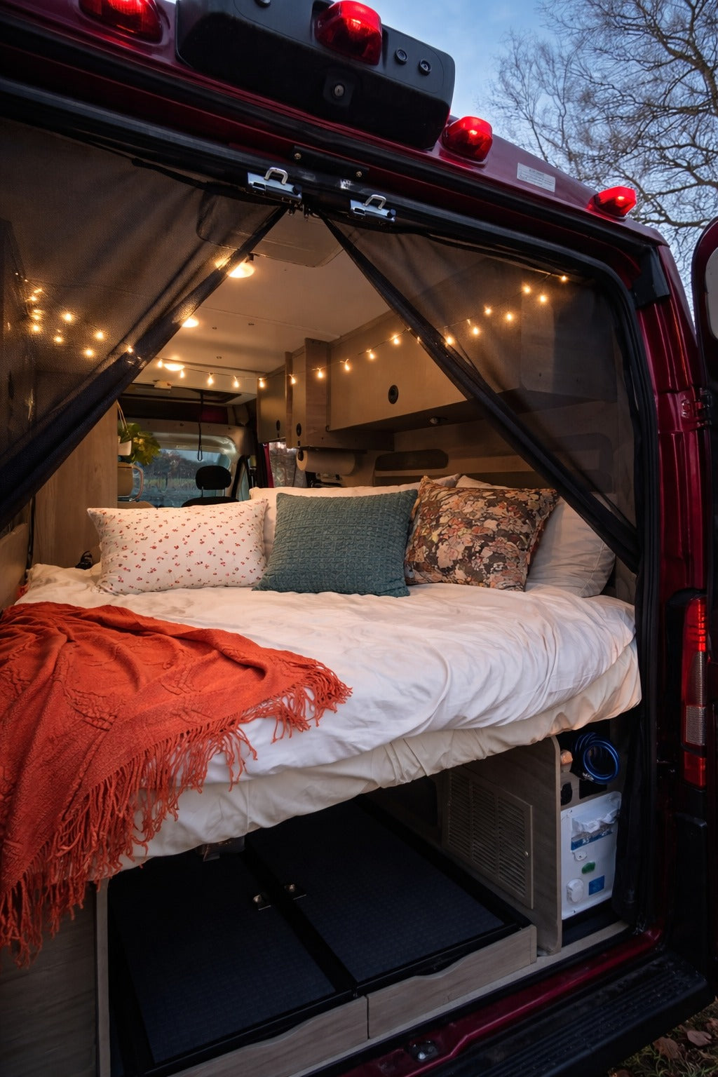 Cozy RV rental bed with string lights visible through the back screen of a red camper van, perfect for a comfortable trip.
