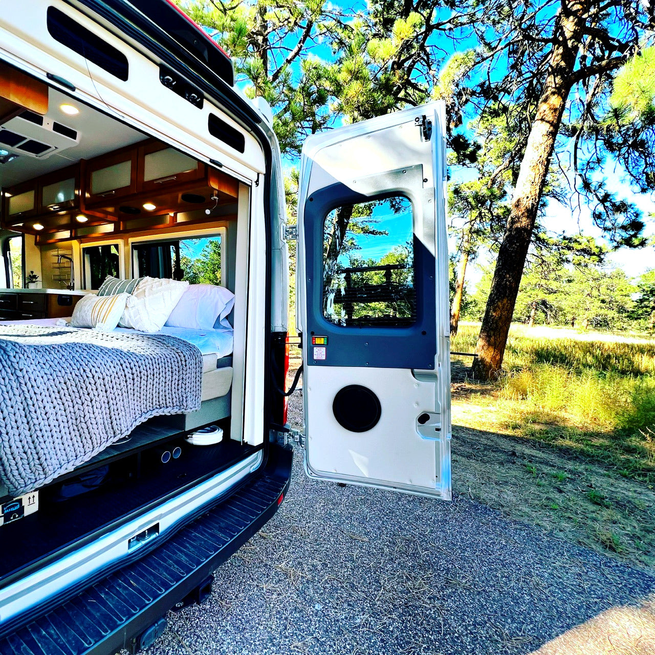 Experience comfort & nature with this rv rental. Inside, a cozy bed and full camper van setup, parked among tall trees.