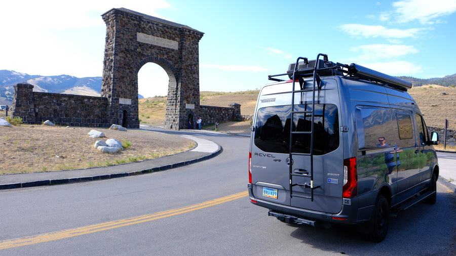 and flexible seating.|Yellowstone National Park entrance sign with NPS logo
