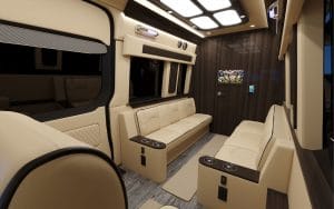 perfect for an RV rental brand.|Mercedes-Benz RV interior with modern dash