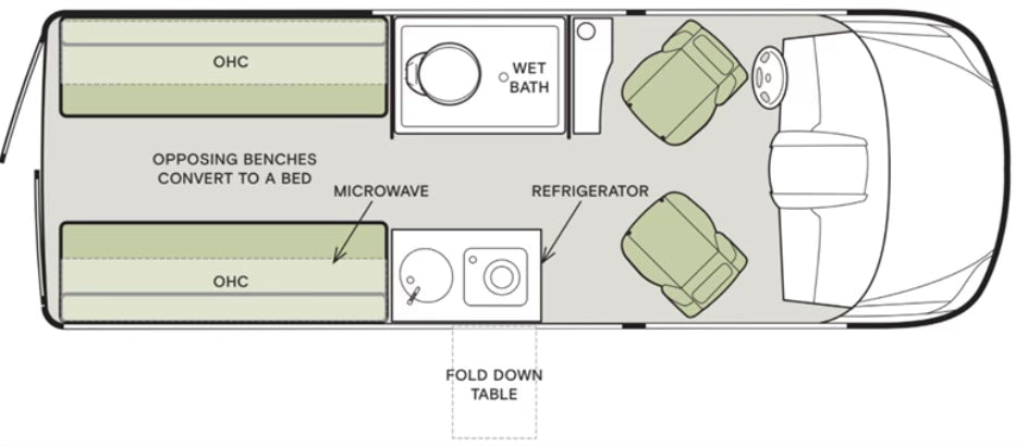 Overhead view of an RV rental layout showcasing a convertible bed, kitchen, wet bath, refrigerator, and front seating.