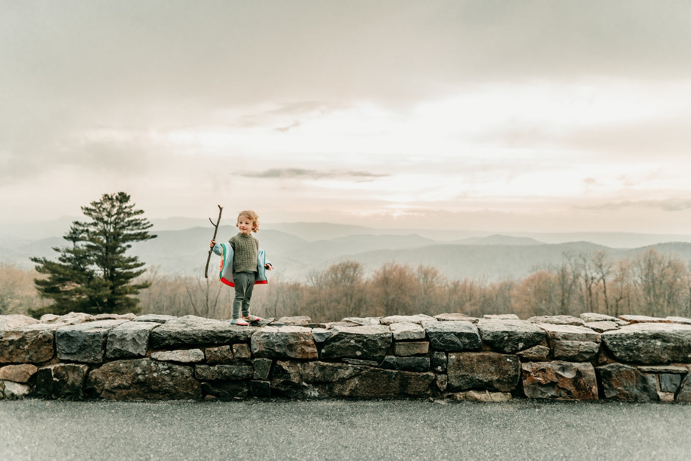 Young child with stick on a mountain overlook, perfect for an RV rental adventure.