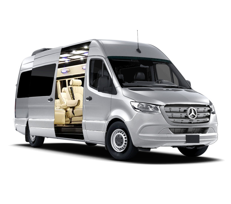 Luxury silver Mercedes-Benz Sprinter van with open side door, showcasing plush cream interior, perfect for premium RV rental.