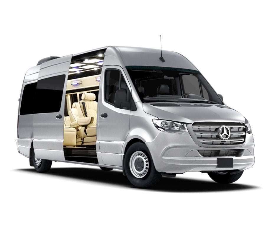 Luxury silver Mercedes-Benz Sprinter van with open side door, showcasing plush cream interior, perfect for premium RV rental. — photo 2
