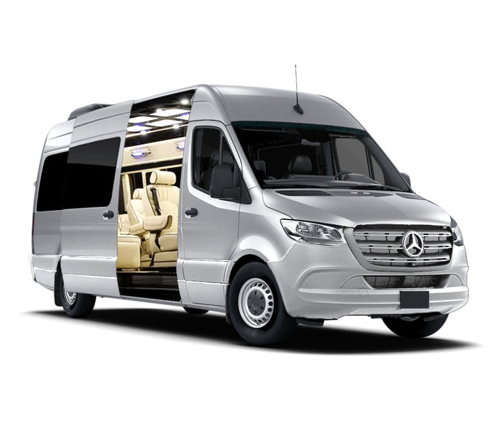 Luxury silver Mercedes-Benz Sprinter van with open side door, showcasing plush cream interior, perfect for premium RV rental.