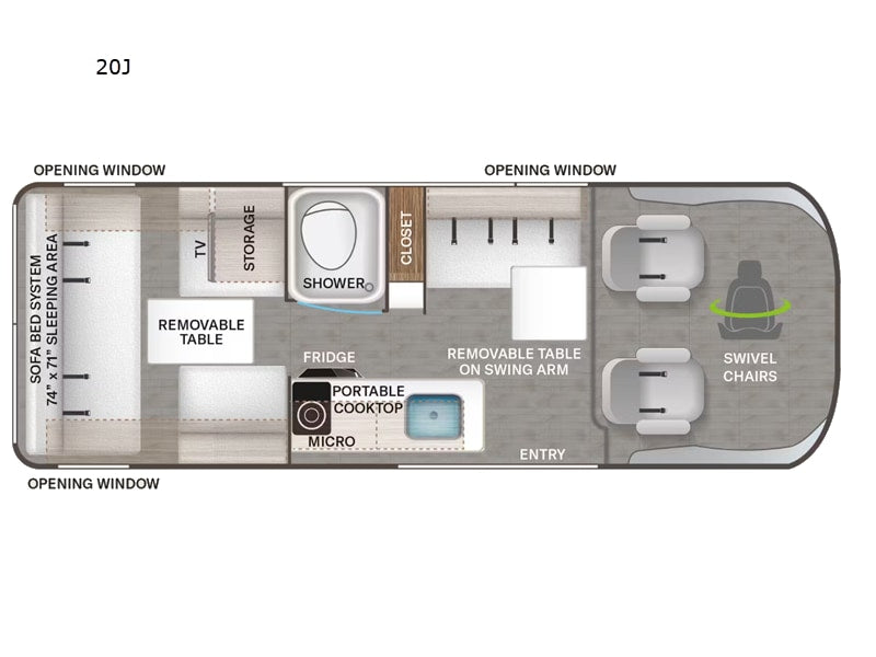 This 20J RV rental floor plan features swivel chairs, kitchen, shower, and a 74"x71" sofa bed system.