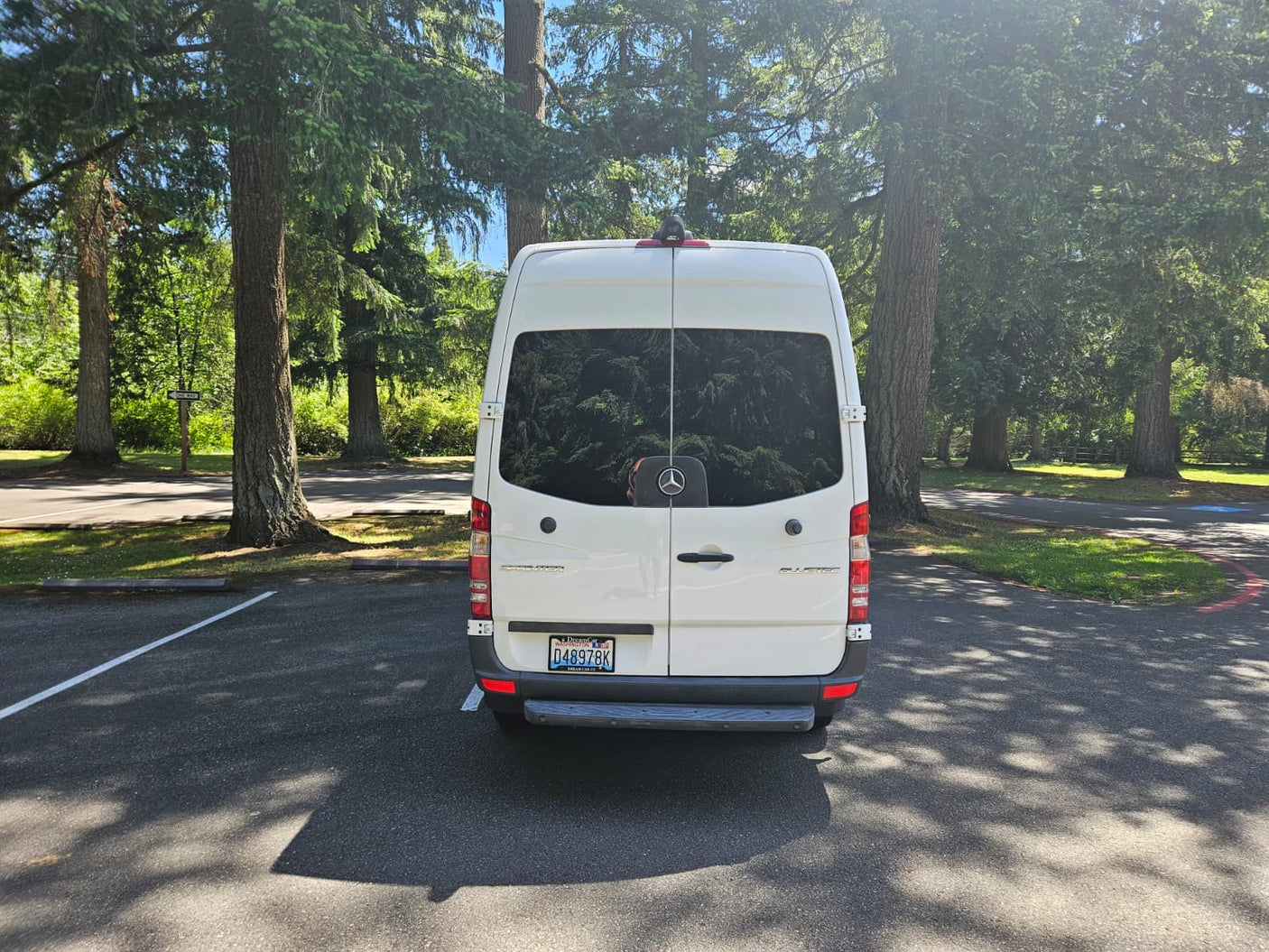 Rear view of a white Mercedes-Benz Sprinter rv rental van, parked among tall trees in a sunny park.