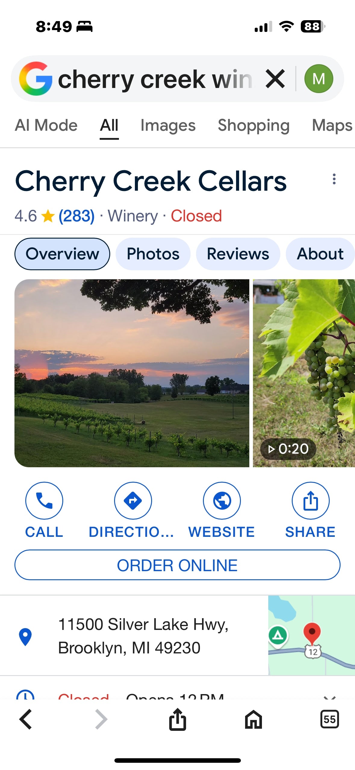 Google shows Cherry Creek Cellars winery: vineyard at sunset, location on map. Perfect for a wine tasting trip, maybe with an RV rental.
