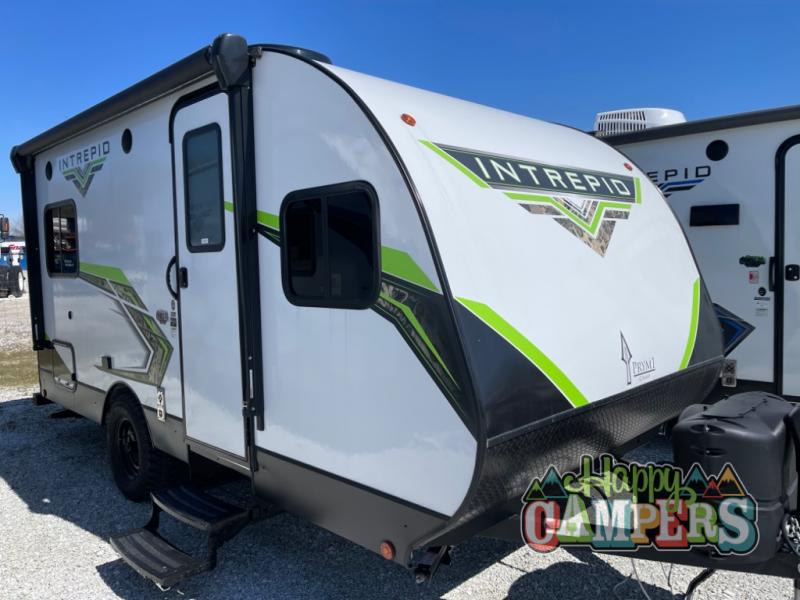 Striking white and green Intrepid travel trailer