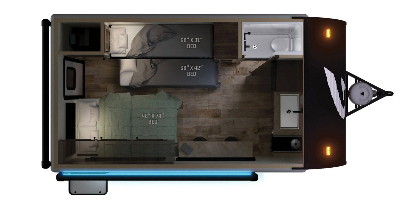RV rental floor plan: Overhead view of a compact travel trailer interior with three beds, a bathroom (toilet/shower), and a kitchen area.