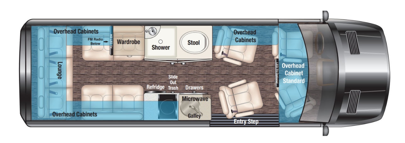 Detailed RV rental interior floor plan. See lounge, galley, shower, and seating layout for your camper van adventures. — photo 20