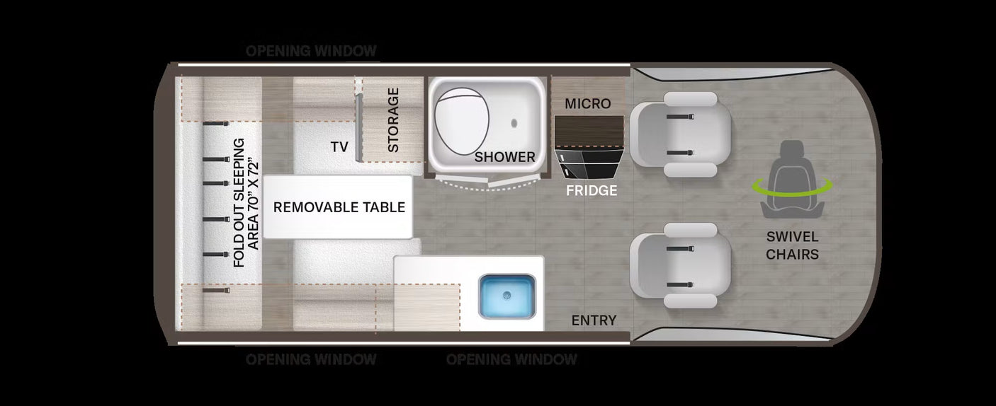 This RV rental floor plan details a compact interior featuring a fold-out bed, kitchen, shower, and swivel chairs.