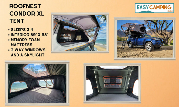 Rent this Roofnest Condor XL rooftop tent for your next RV camping adventure. Sleeps 3-4 with memory foam, windows, and skylight.