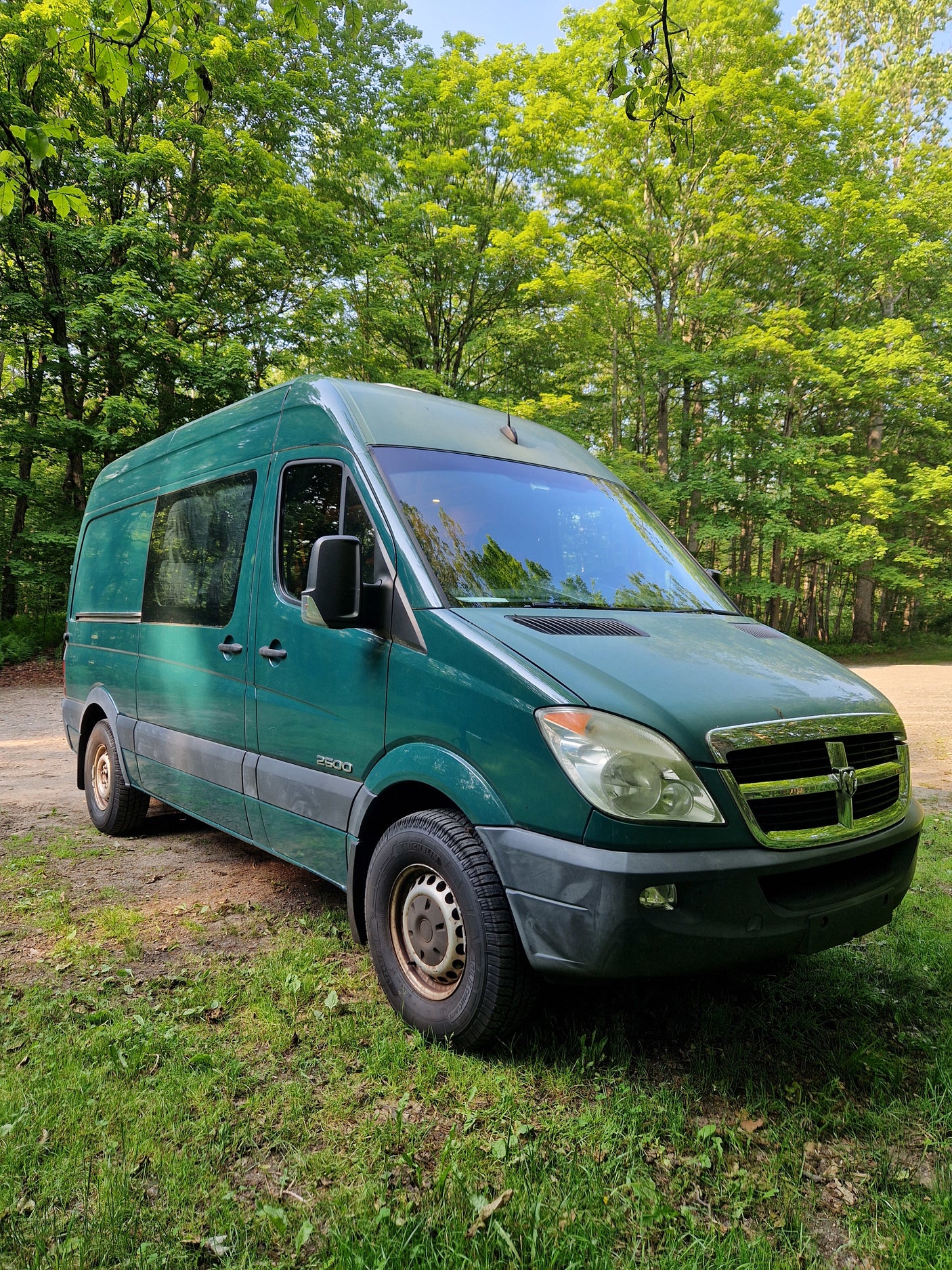 Green Dodge Sprinter camper van, great for an RV rental, parked in a sunny, tree-filled forest.