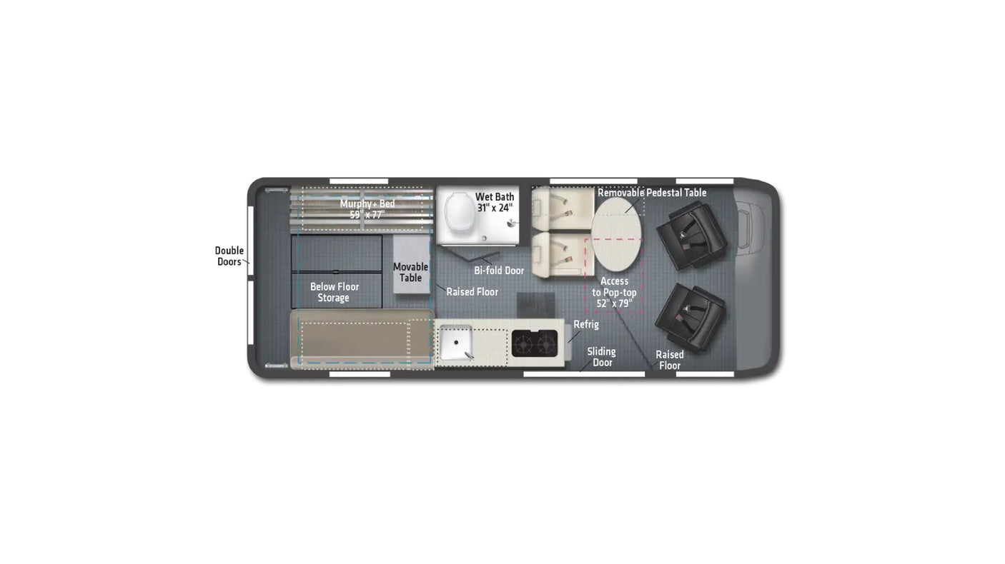 This RV rental's versatile floor plan features a Murphy bed, wet bath, kitchen, and pop-top access for expanded space.