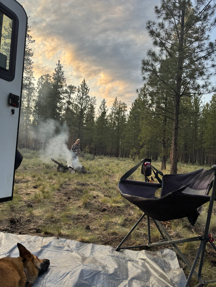 Rustic RV rental campsite: A woman tends a smoky campfire near pine trees, a dog rests on a tarp.