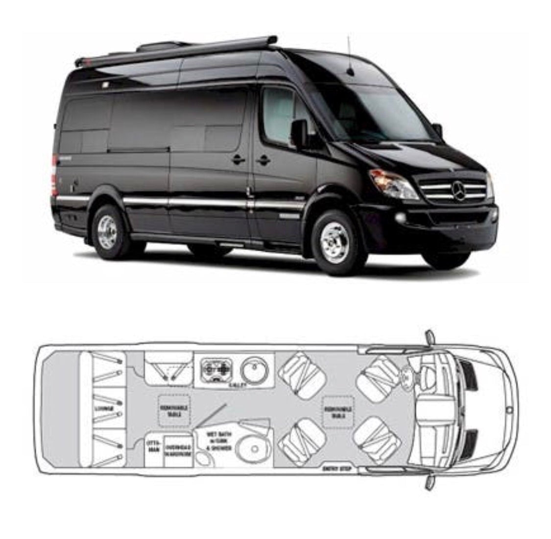 RV rental: Black Mercedes-Benz Sprinter camper van with its exterior profile and interior floor plan layout.
