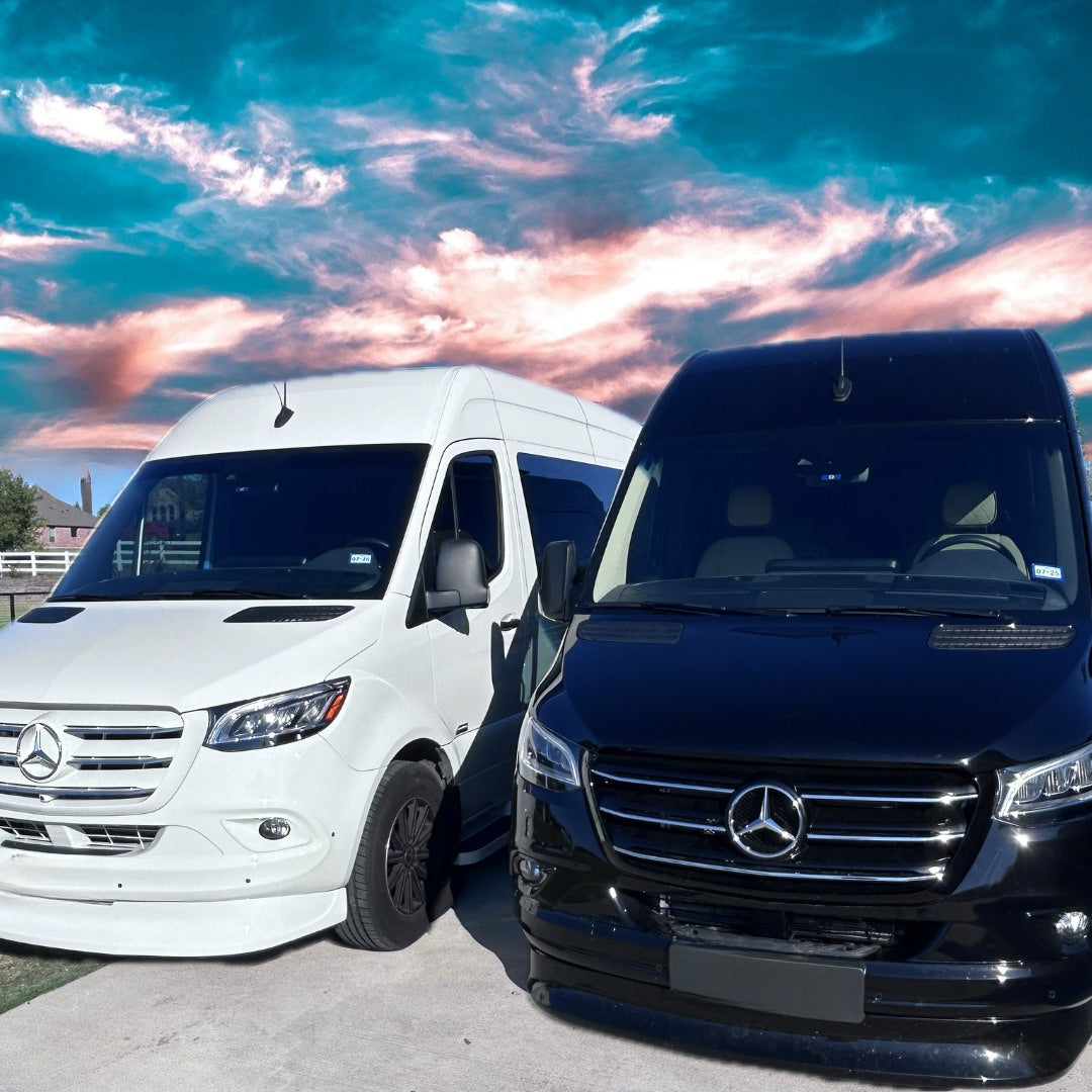 Premium RV rental: White & black Mercedes Sprinter vans for luxury travel and exploration.