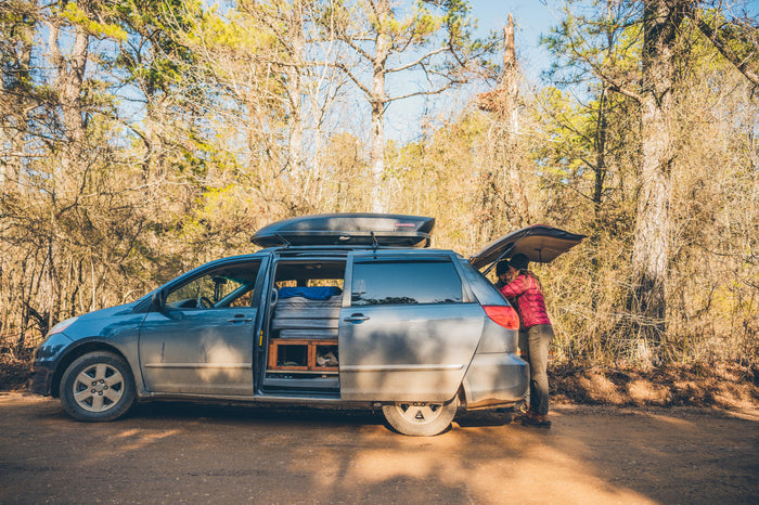 ideal for a remote **rv rental** adventure on a dirt road.|Exploring in an RV rental minivan. Parked on a dirt road