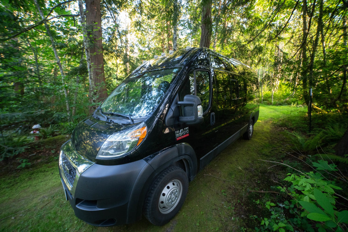 Black camper van parked among sunlit trees in a lush forest, ready for an RV rental outdoor adventure. — photo 3