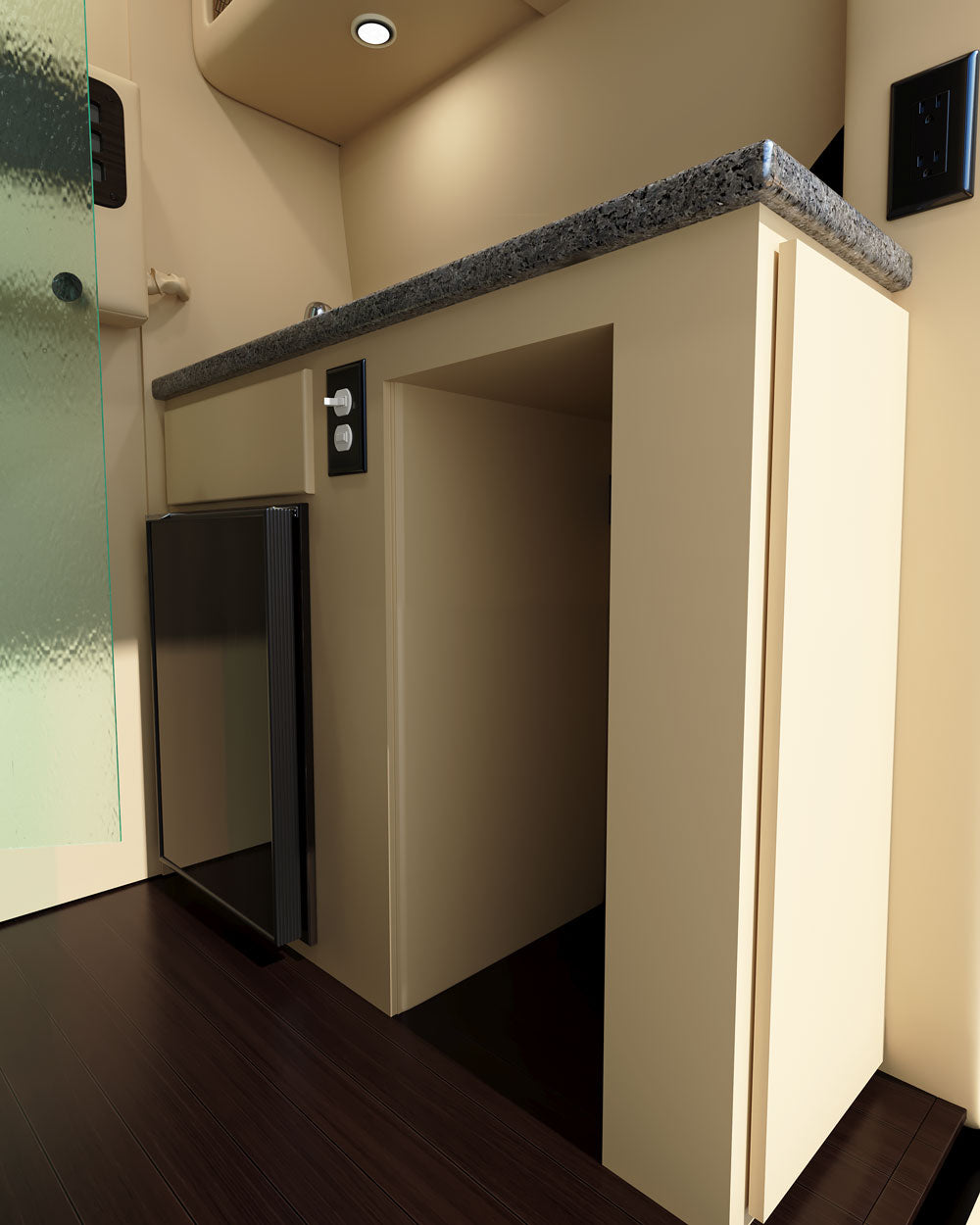 and hallway from the back doors.|Inside an RV rental: a well-equipped compact kitchen with microwave